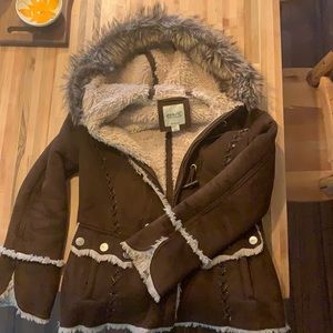 Sherpa with faux fur hood brown suede coat.